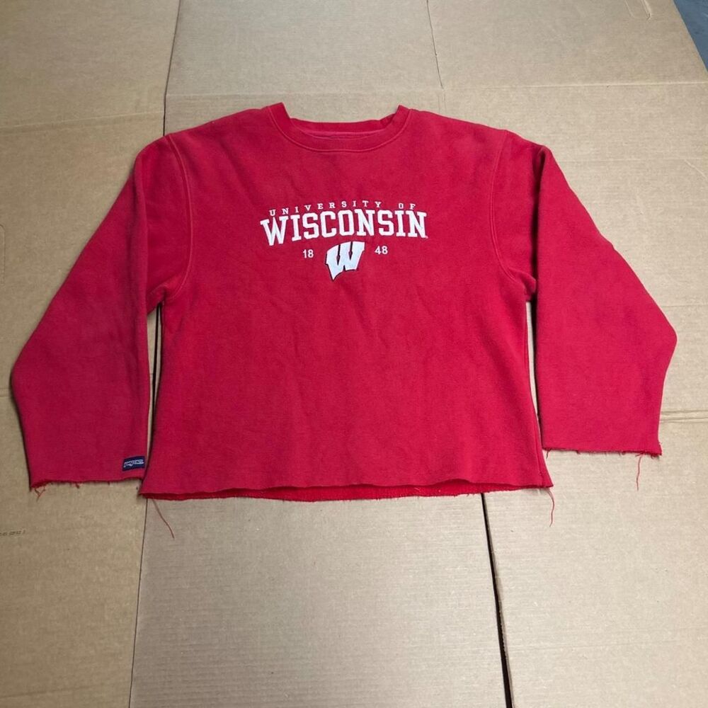 Vintage JanSport Wisconsin Badger Cropped Sweatshirt Red Raw/Hem S
